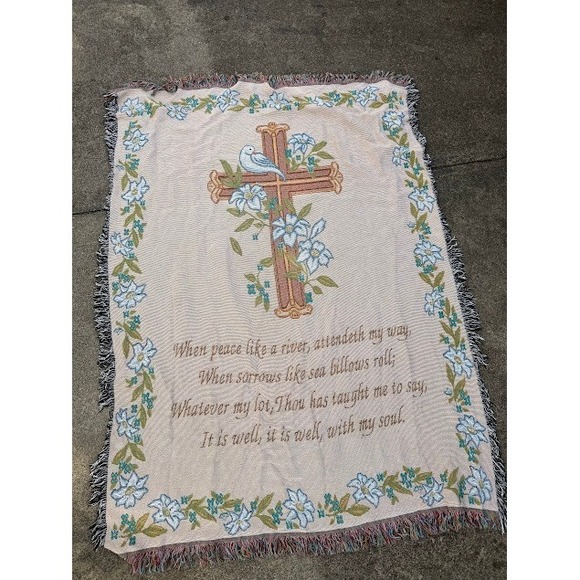 Unbranded Other - Christian Hymn It Is Well With My Soul Woven Tapestry Throw Blanket Cream Floral